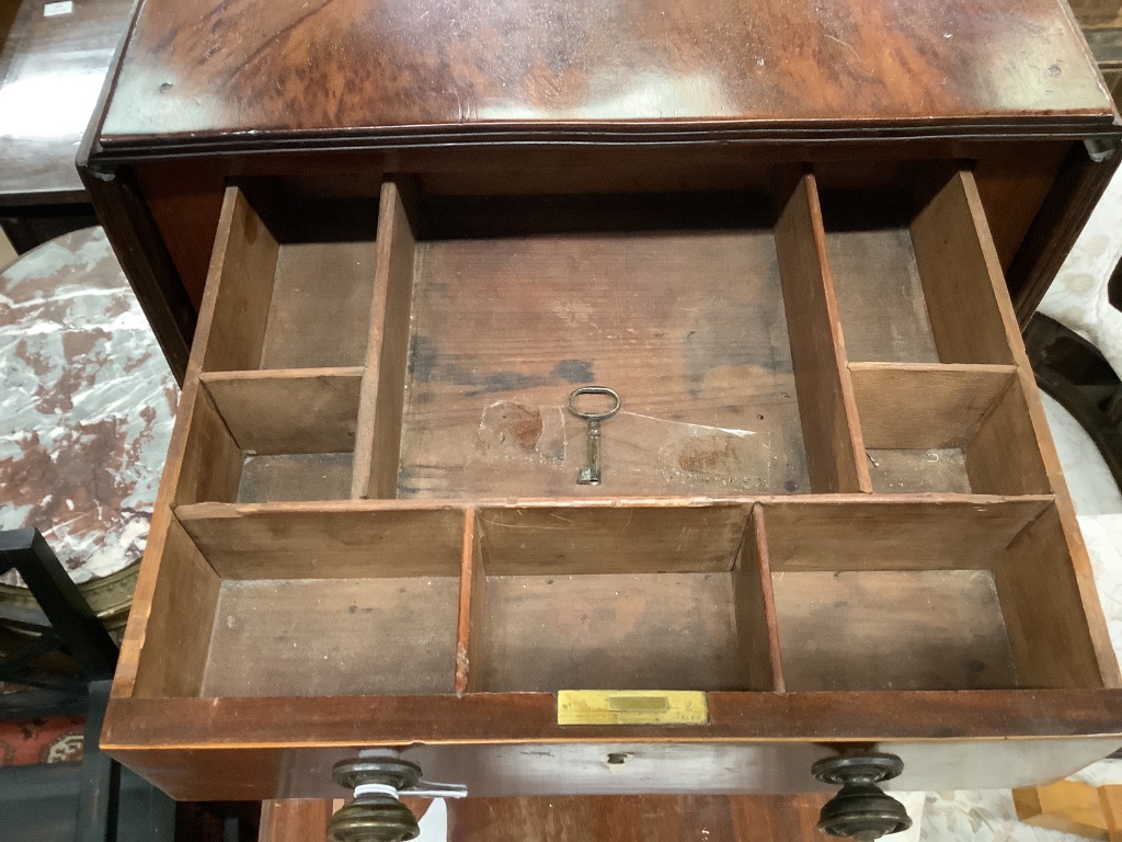 A Regency mahogany three drawer drop leaf work table, width 37cm depth 48cm height 76cm